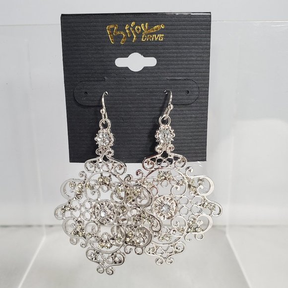 Bijou silver Filigree thin light weight fish hook earring with rhinestones - Picture 2 of 5